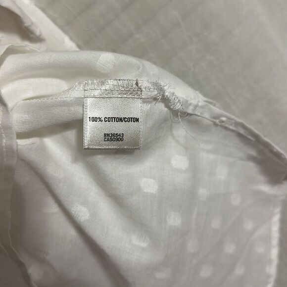 Van Heusen L White Cotton Swiss Dot Long Tab Roll up Sleeve V-Neck Top - Picture 13 of 14